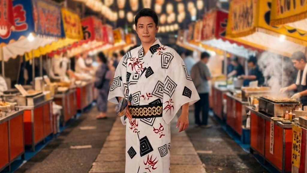 屋台の並ぶ通りを浴衣で歩く
